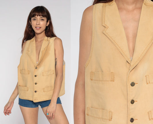 80s Tan Button-Up Vest Western Workwear Sleeveless Small