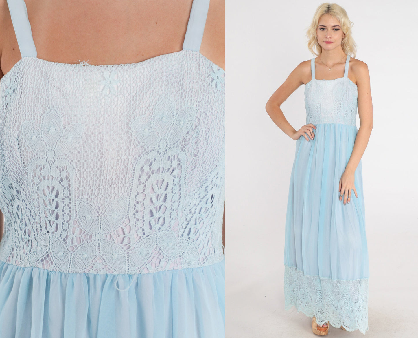 70s Baby Blue Lace Maxi Dress High Waist Tank Strap Sundress Small
