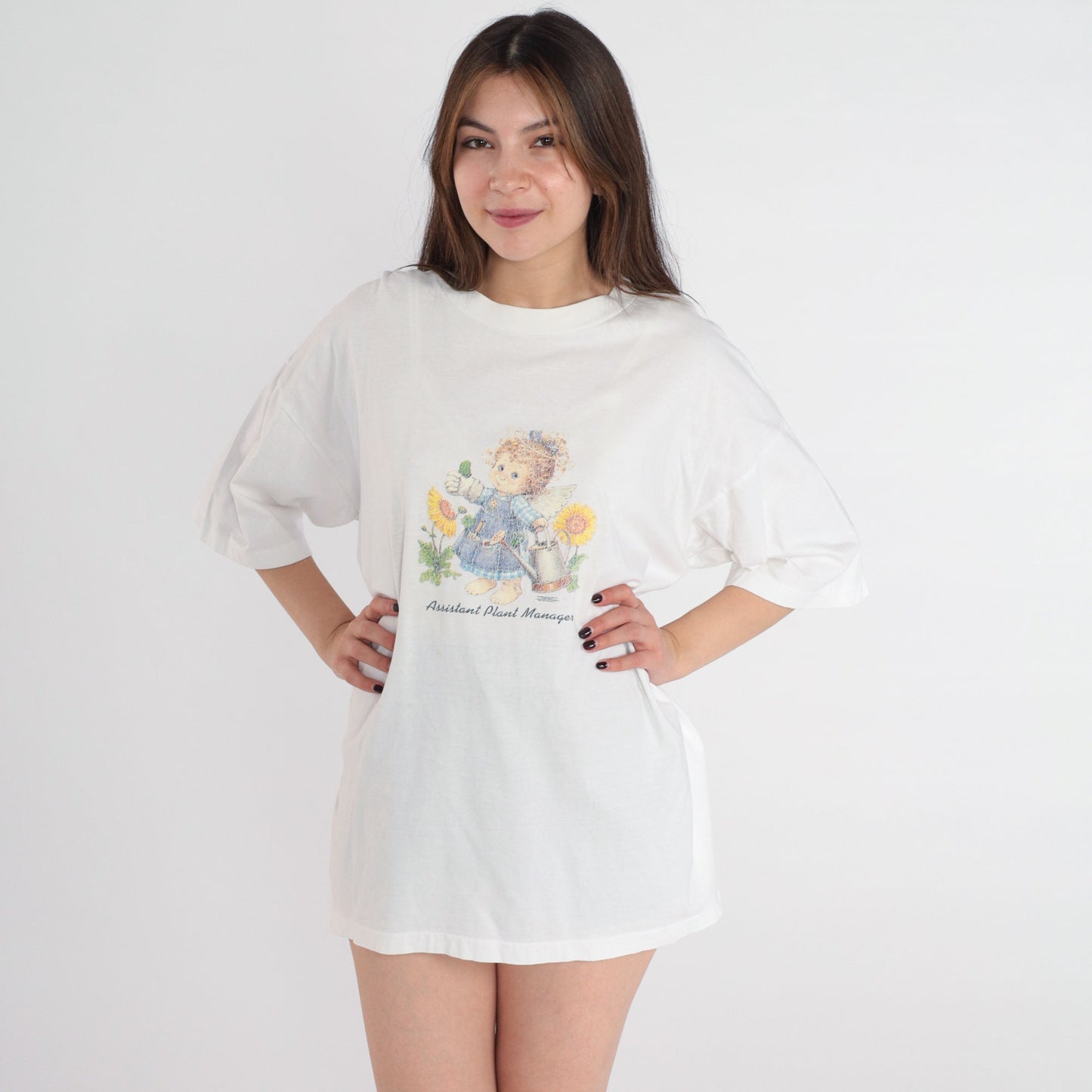 Y2K Assistant Plant Manager Gardening Angel Graphic Tee White Cotton Extra Large XXL