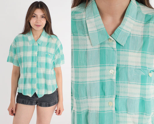 90s Plaid Button Up Blouse White Mint Green Checkered Short Sleeve Medium