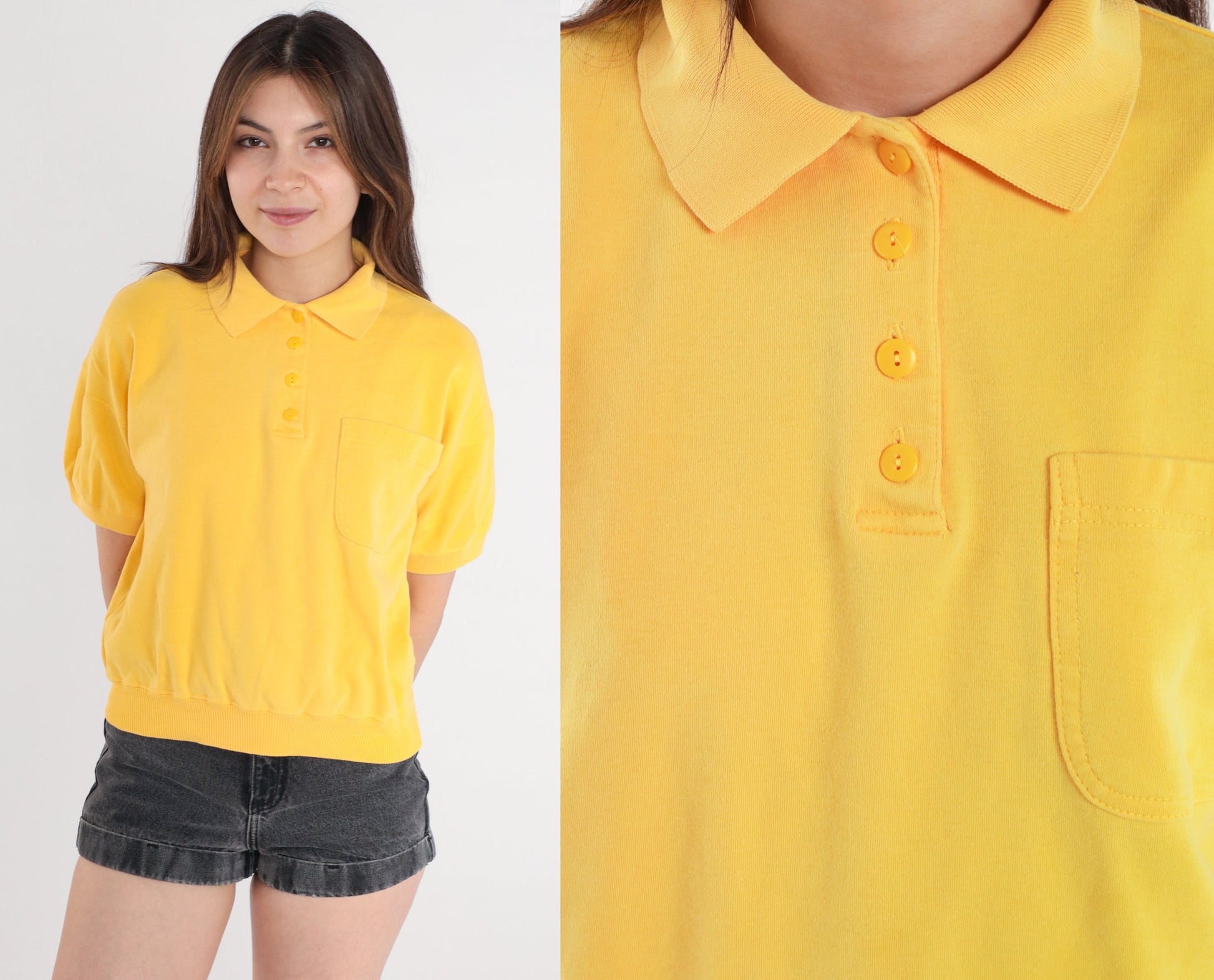 80s Yellow Polo Shirt Cotton Blend Chest Pocket Short Sleeve Medium
