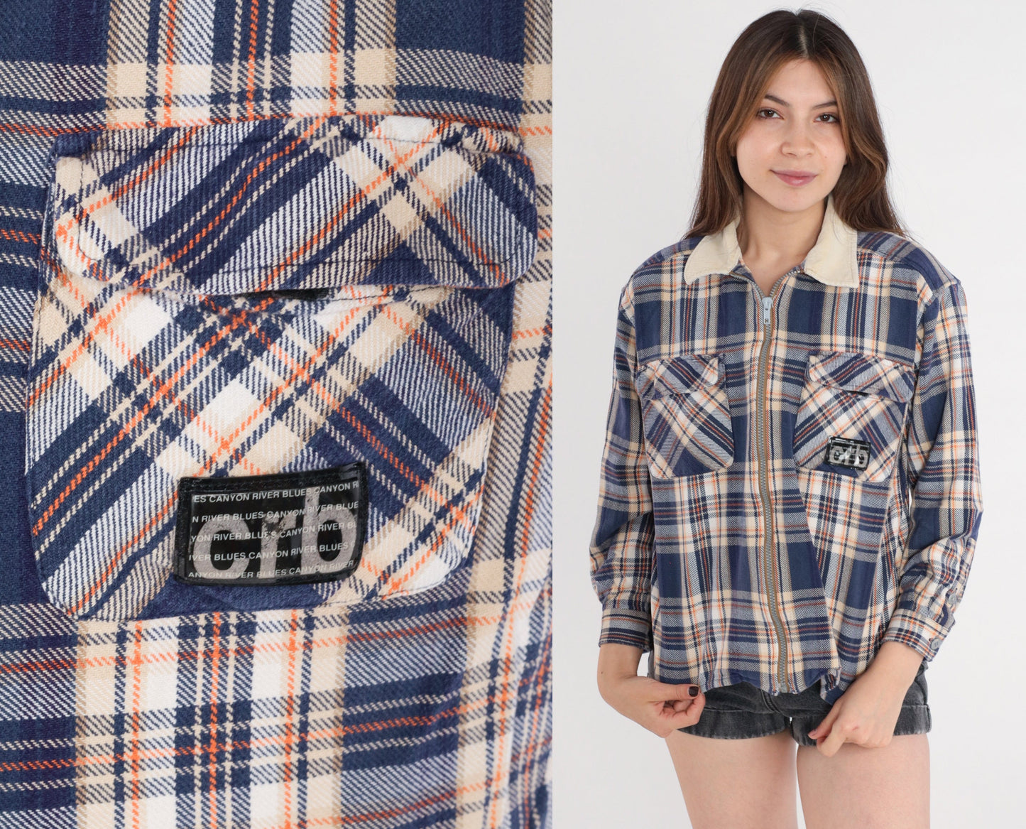 90s Canyon River Blues Plaid Zip Shirt Corduroy Collar Navy Cream Medium