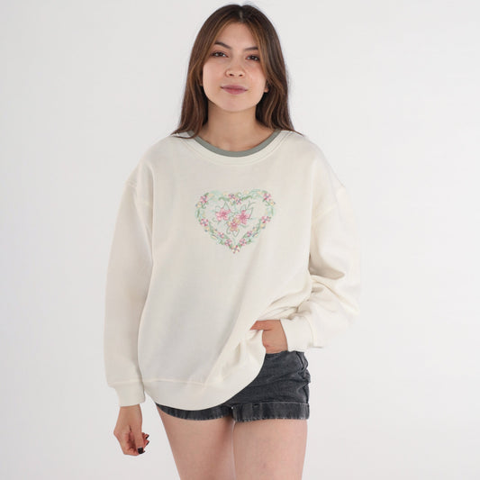 90s Floral Heart Embroidered Sweatshirt Cream Crewneck Pullover Large