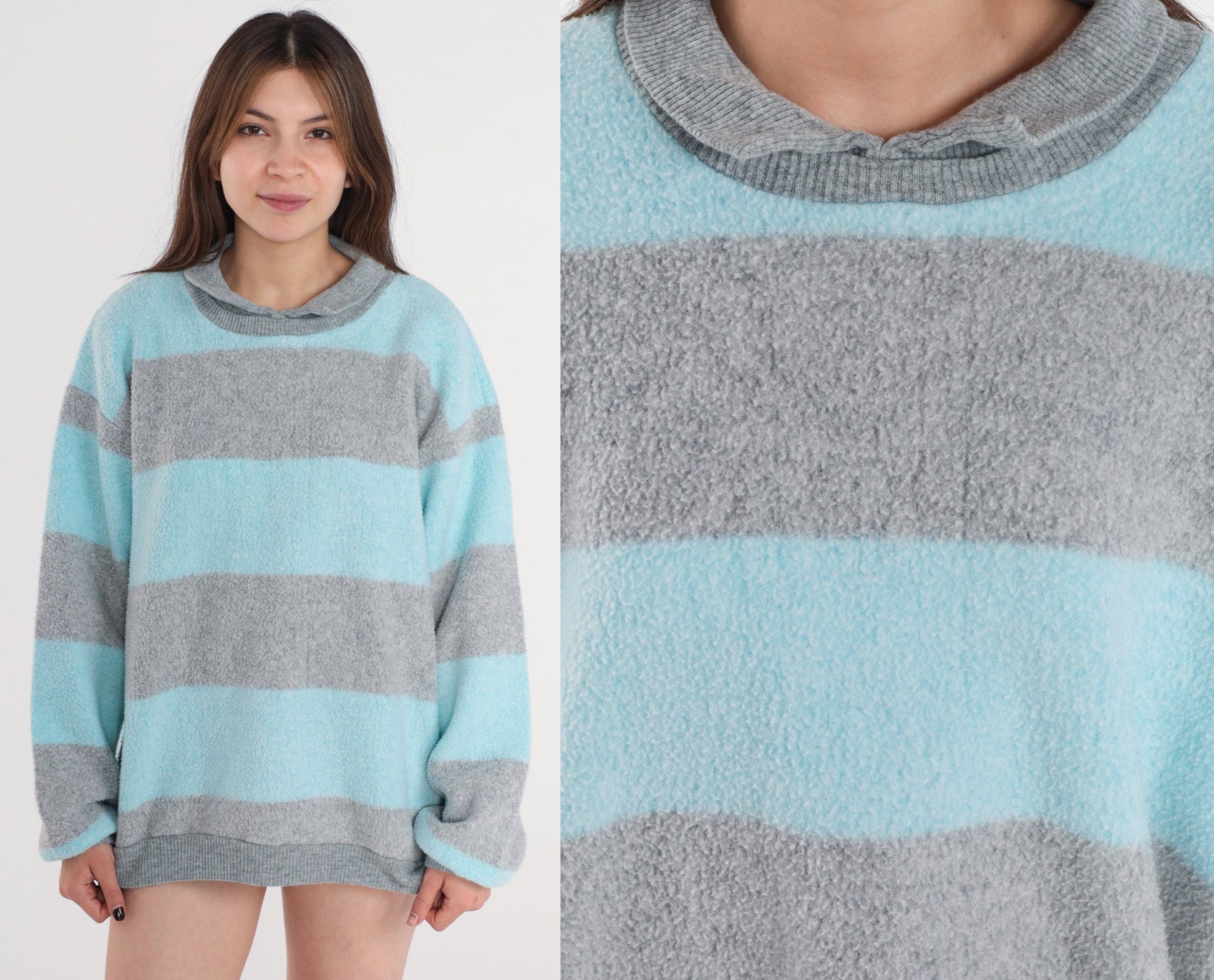 80s Striped Fleece Collared Sweatshirt Blue Grey Pullover Extra Large