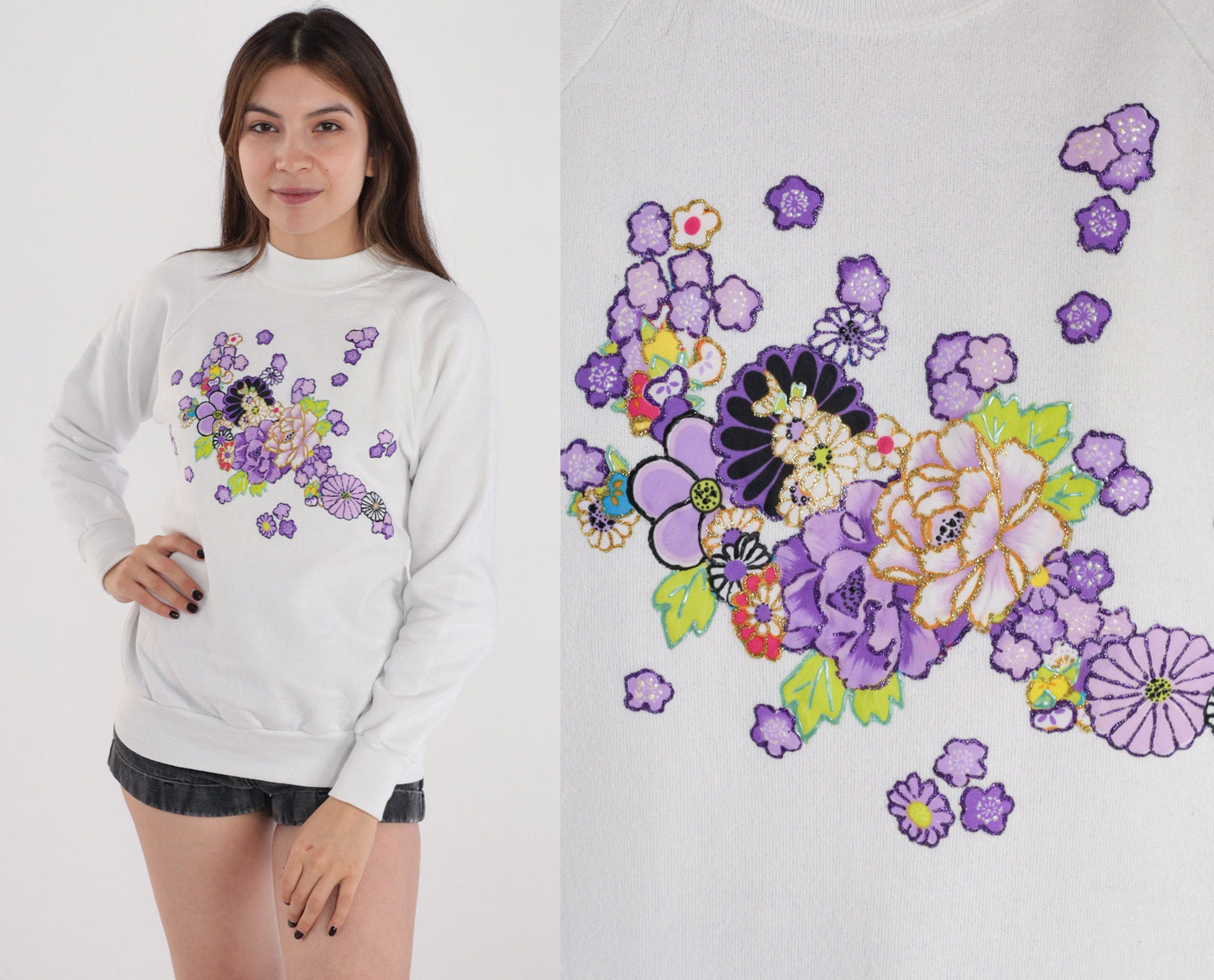 90s Oneita White Raglan Sweatshirt Purple Floral Glitter Graphic Medium