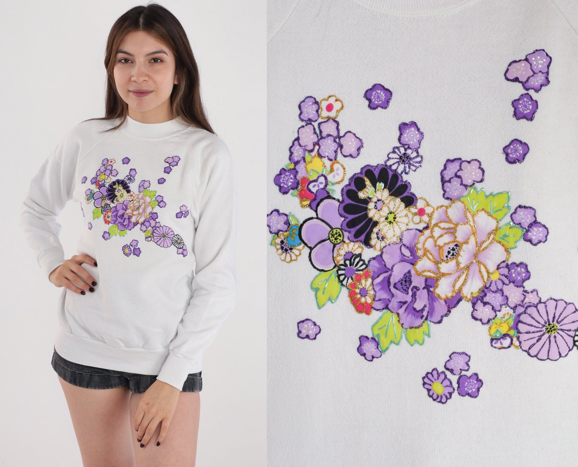 90s Oneita White Raglan Sweatshirt Purple Floral Glitter Graphic Medium