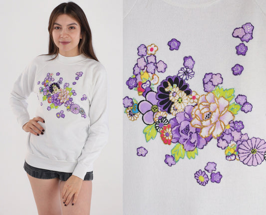 90s Oneita White Raglan Sweatshirt Purple Floral Glitter Graphic Medium