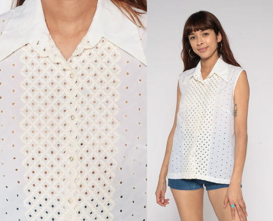 70s White Eyelet Lace Blouse Dagger Collar Button-Up Sleeveless Medium