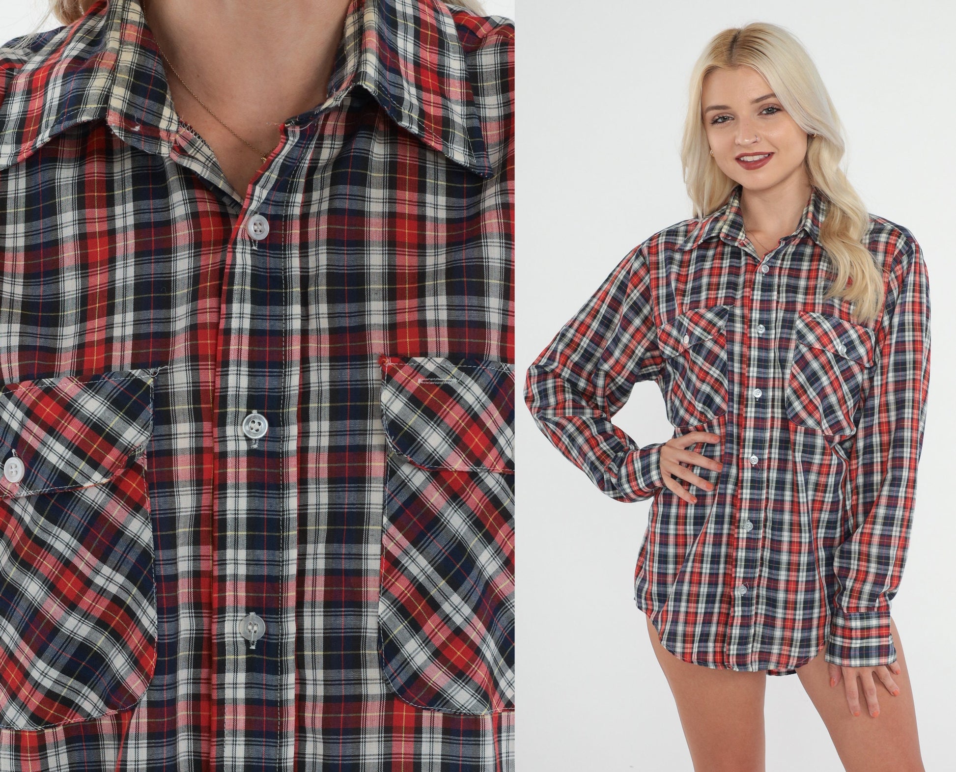 80s Montgomery Ward Plaid Button Up Shirt Red White Blue Checkered Medium