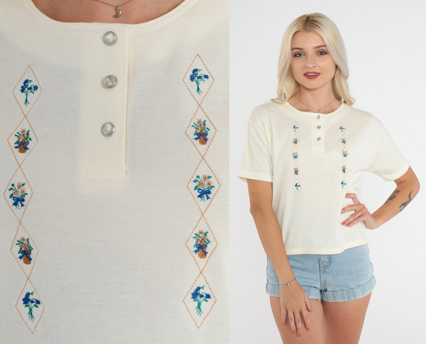 90s Floral Embroidered Henley Cream Snap-Up Tee Short Sleeve Medium M