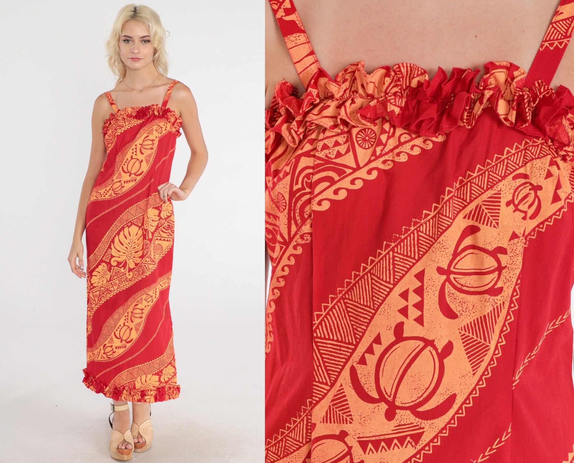 90s Hawaiian Sun Dress Maxi Sea Turtle Print Red Tropical Sundress XS
