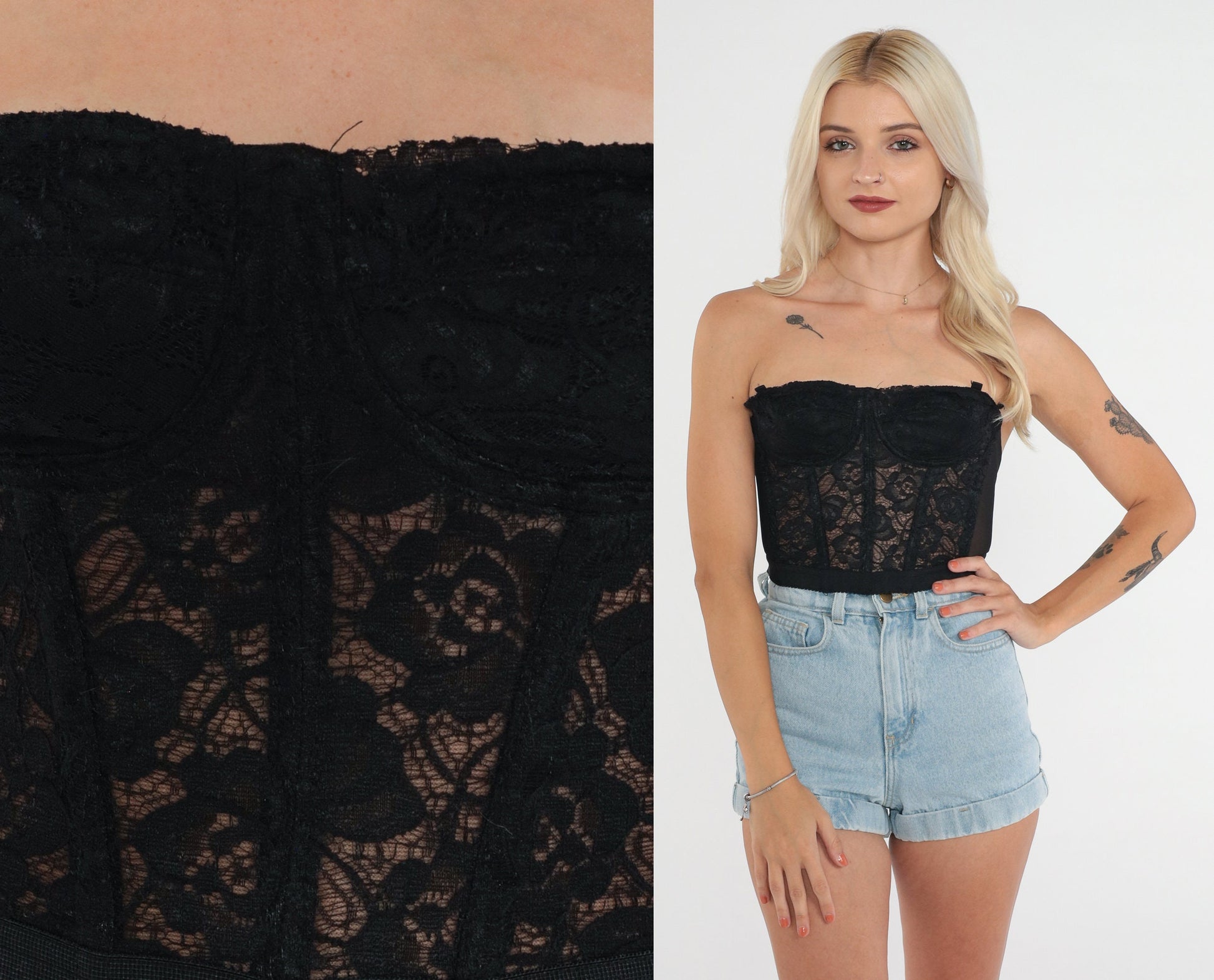 90s Black Floral Lace Bustier Strapless Underwire Crop Top Extra Small