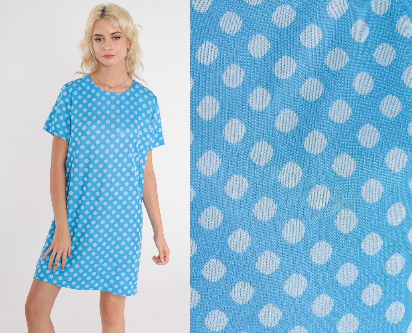60s Blue Polka Dot Shift Dress Mini Mod Space Age Short Sleeve Small S