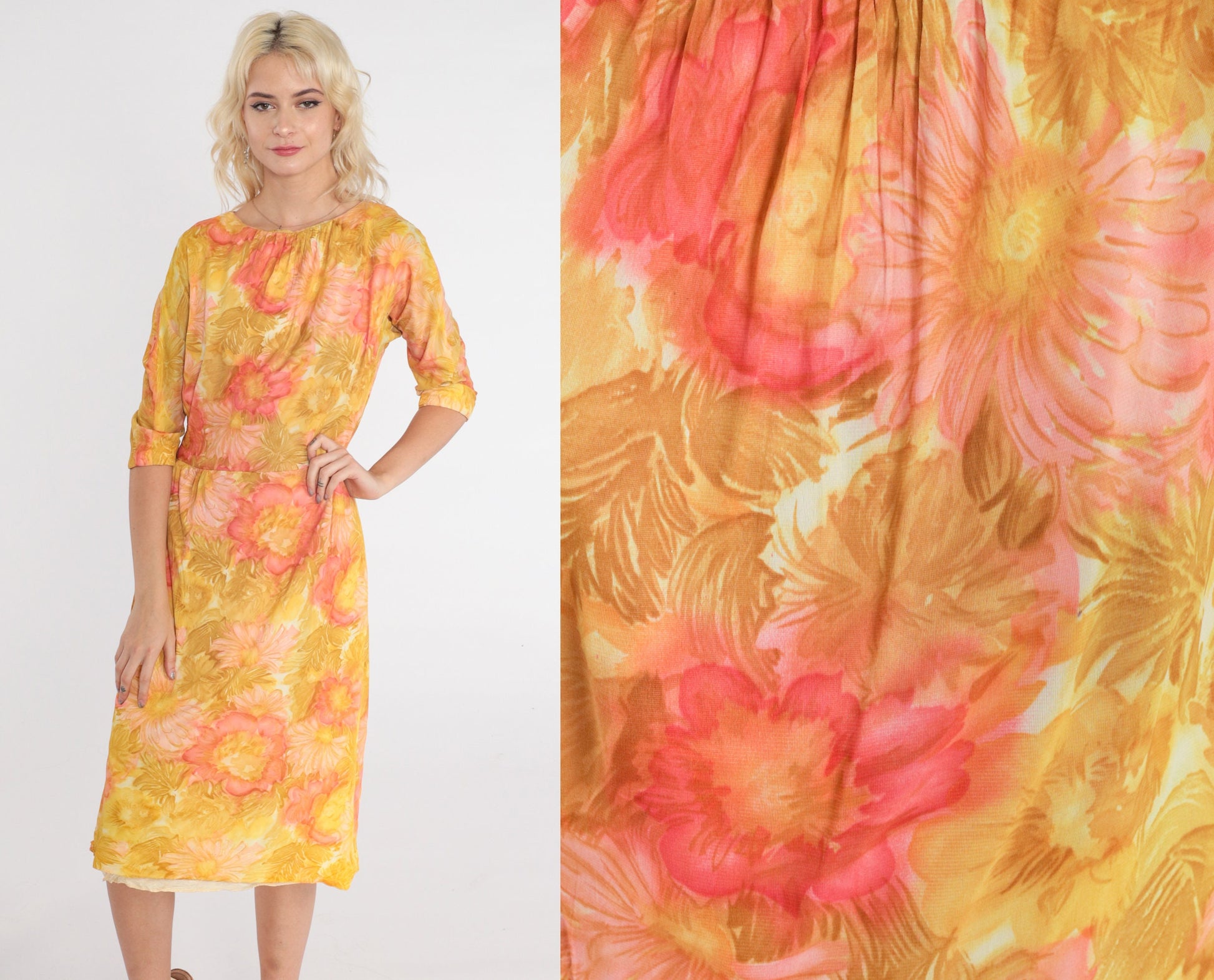 1960s Floral Watercolor Print Dress High Waist 3/4 Sleeve Midi Yellow Green Small