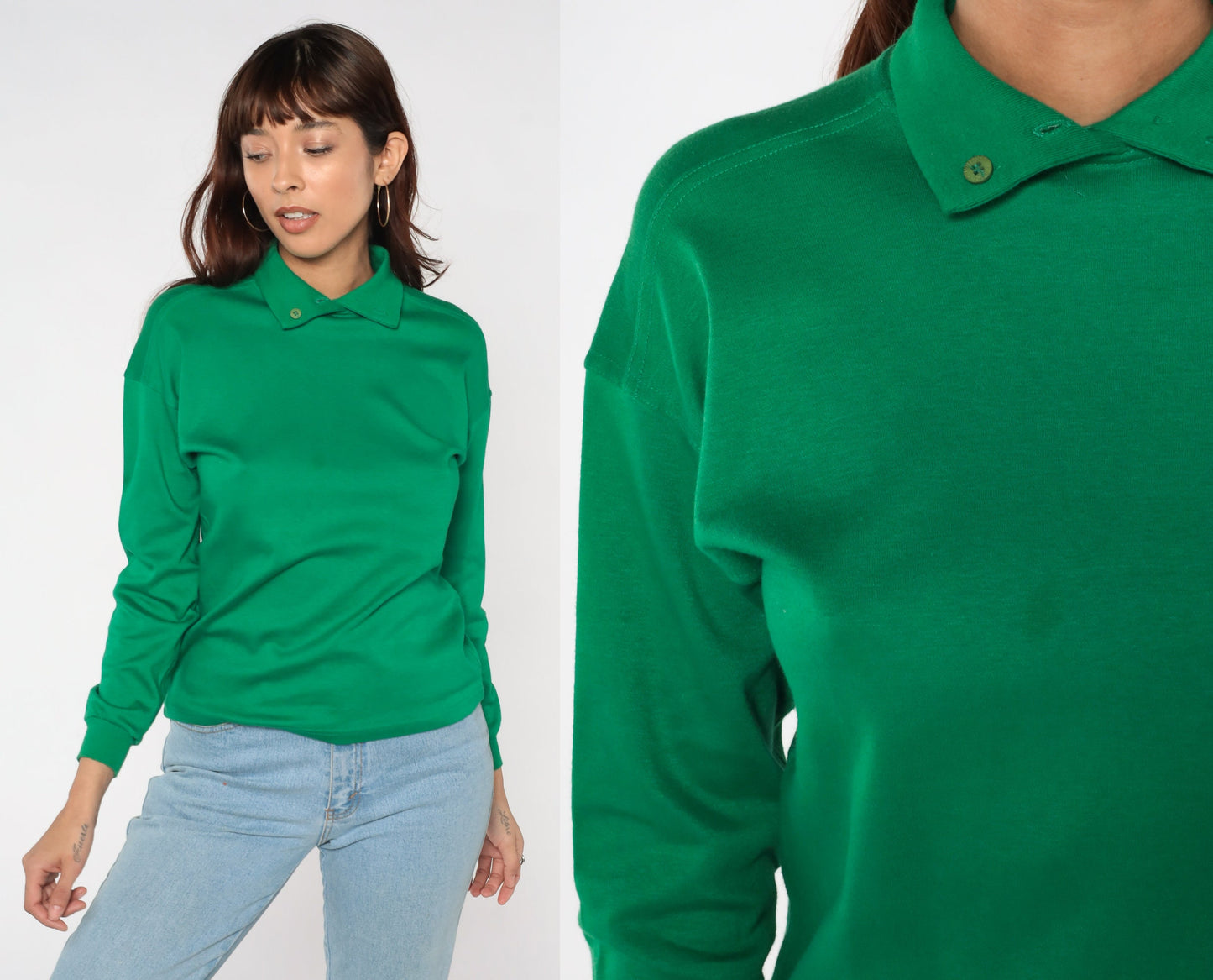 80s Benetton Green Polo Shirt Long Sleeve Cotton Collared Small