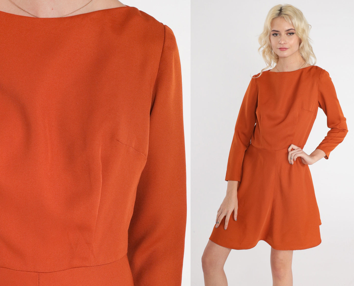 70s Burnt Orange Mini Dress Boat Neck Long Sleeve Flared Small