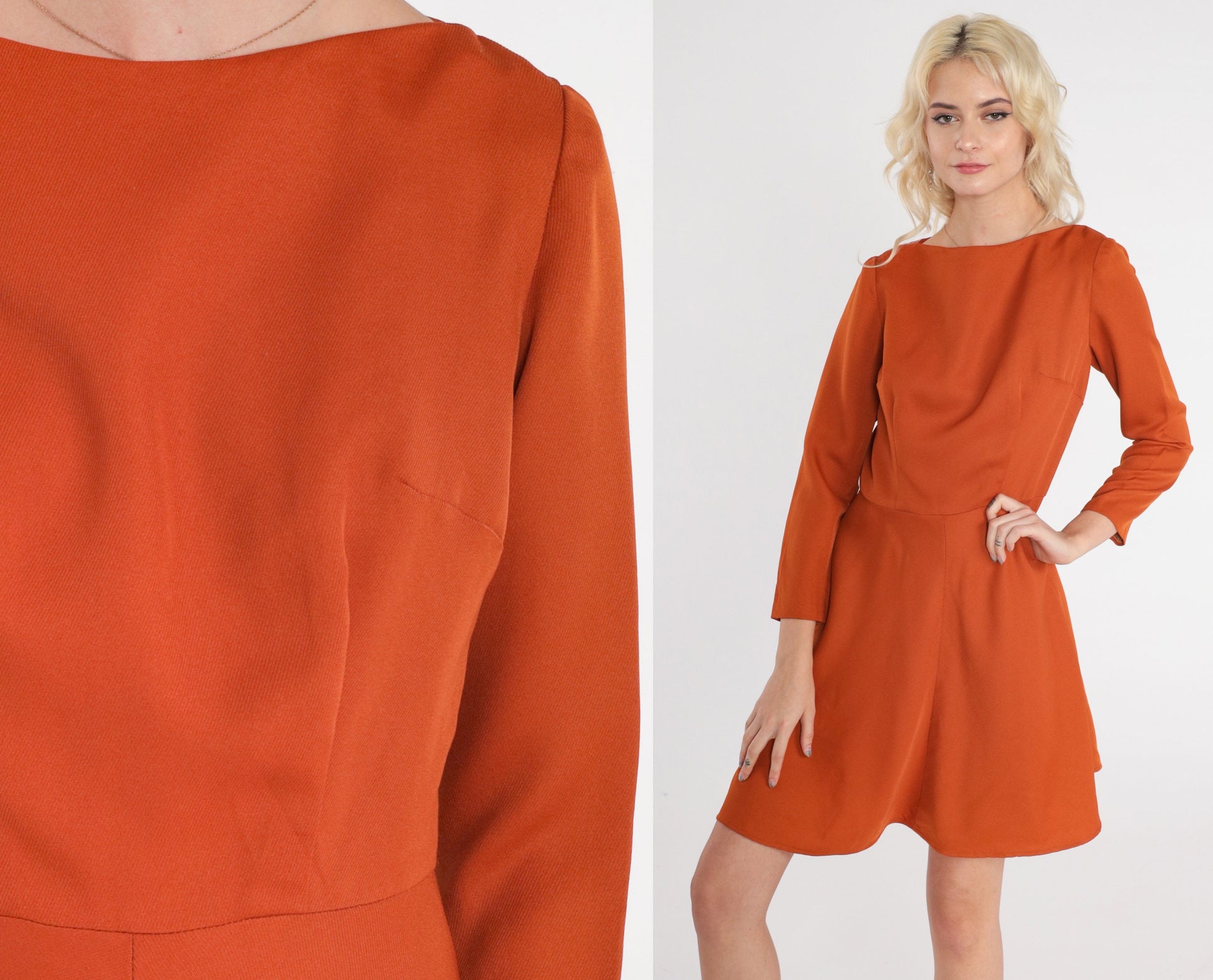 70s Burnt Orange Mini Dress Boat Neck Long Sleeve Flared Small