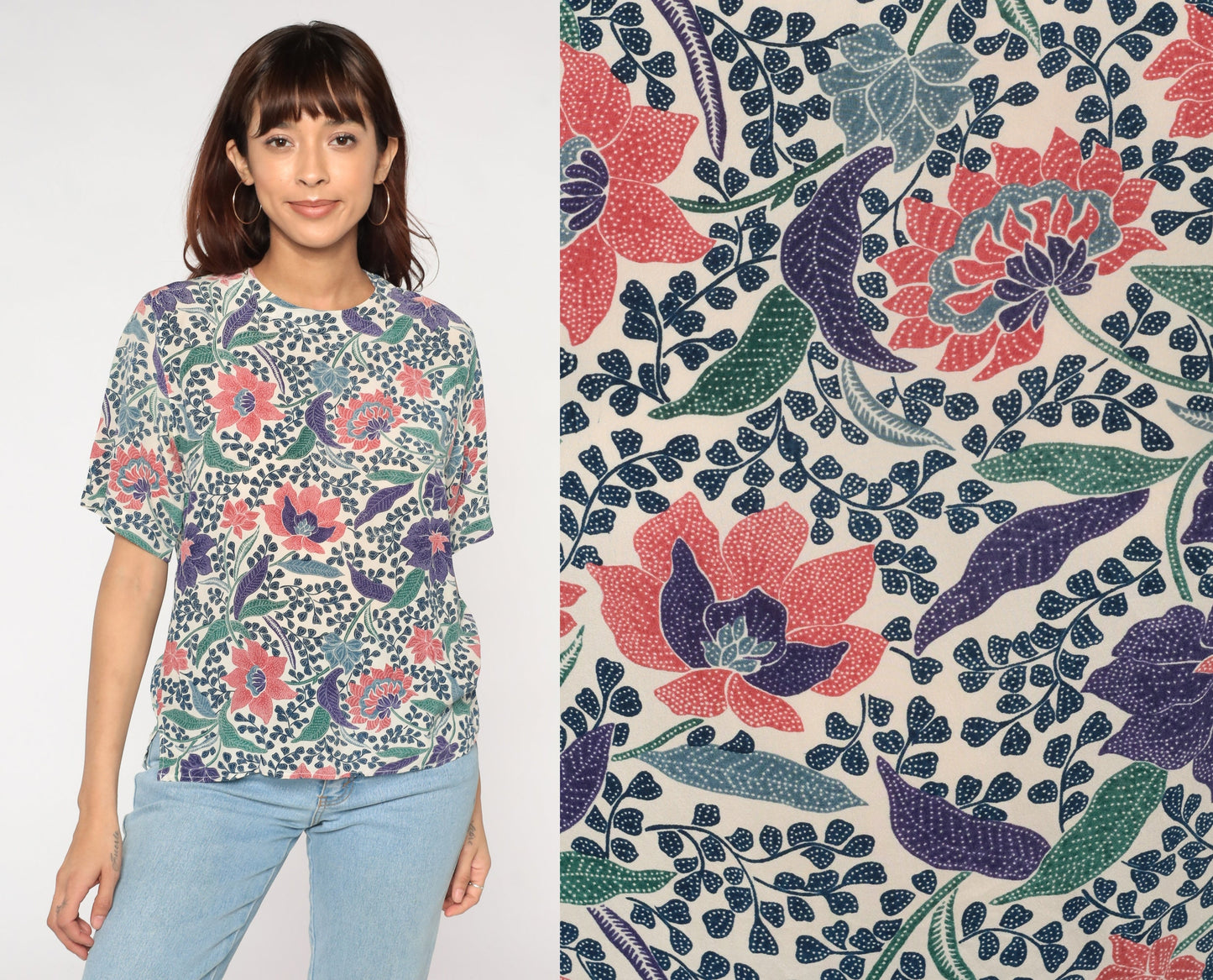 90s Silk Blouse White Indian Batik Floral Print Short Sleeve Medium M