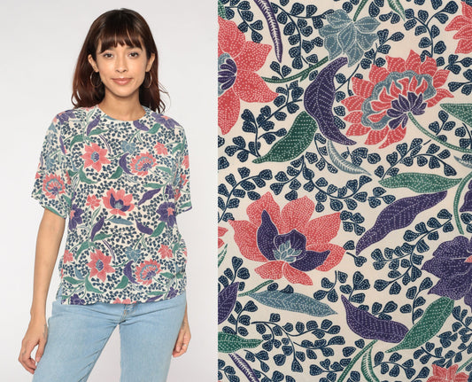 90s Silk Blouse White Indian Batik Floral Print Short Sleeve Medium M