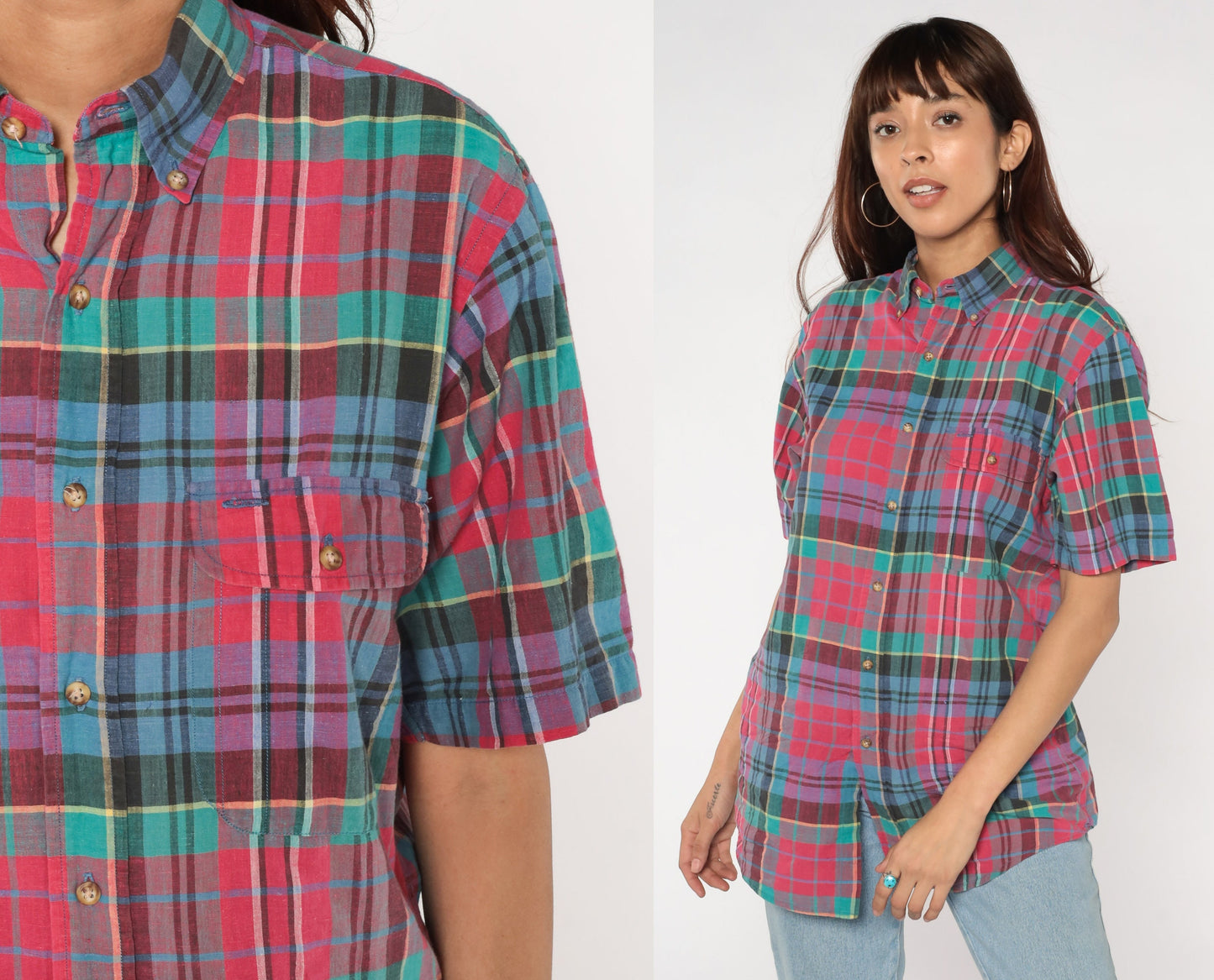 90s Plaid Button-Up Shirt Pink Blue Green Checkered Cotton Medium M