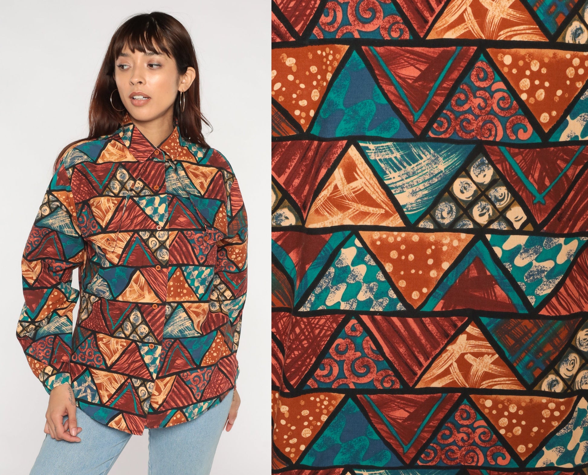90s Roper Triangle Print Western Button Up Shirt Cotton Large