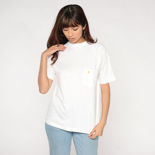 80s White Raglan Sleeve T-Shirt Embroidered Eagle Chest Pocket Cotton Medium