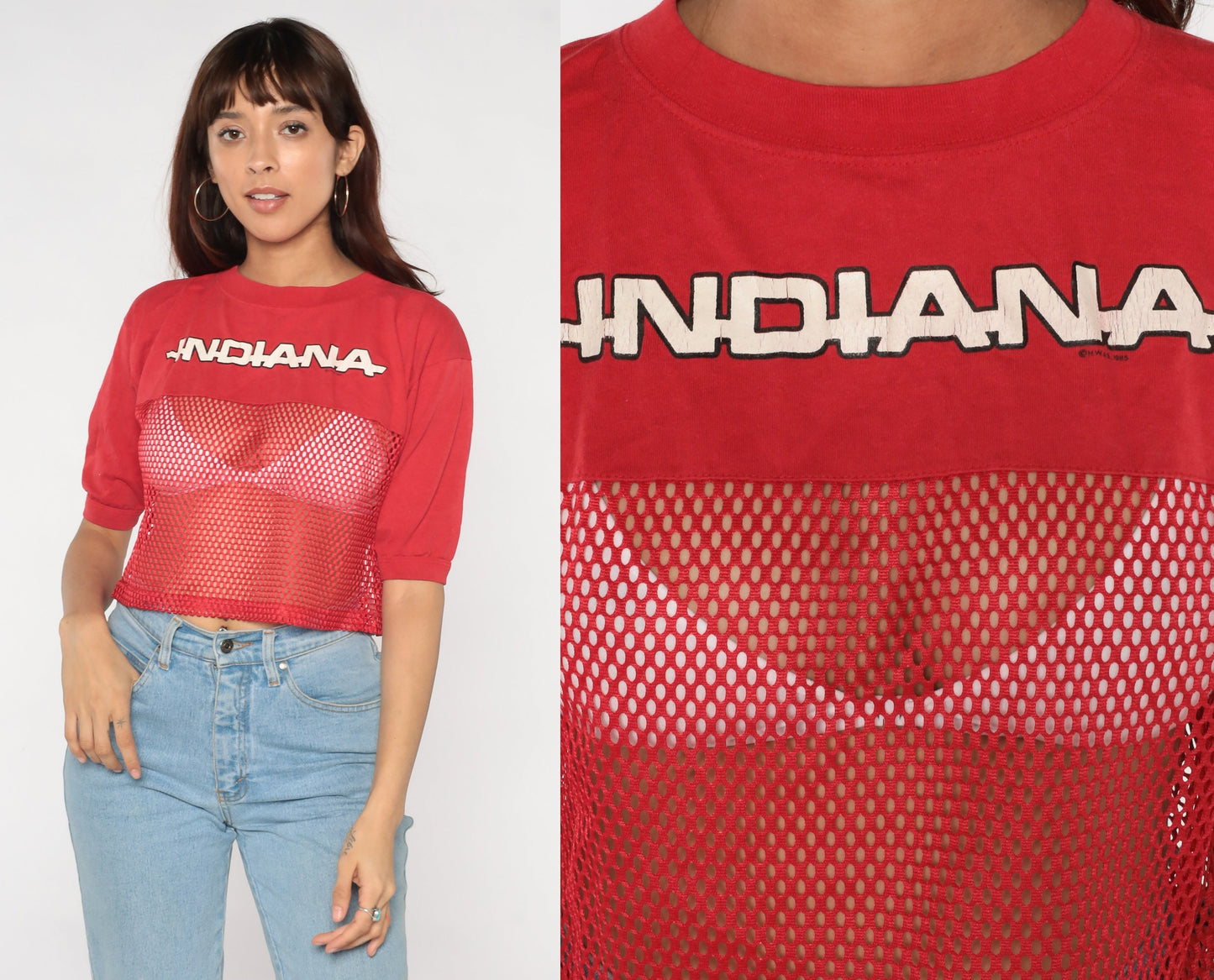 80s Indiana University Mesh Crop Top Red Sheer T-Shirt Medium