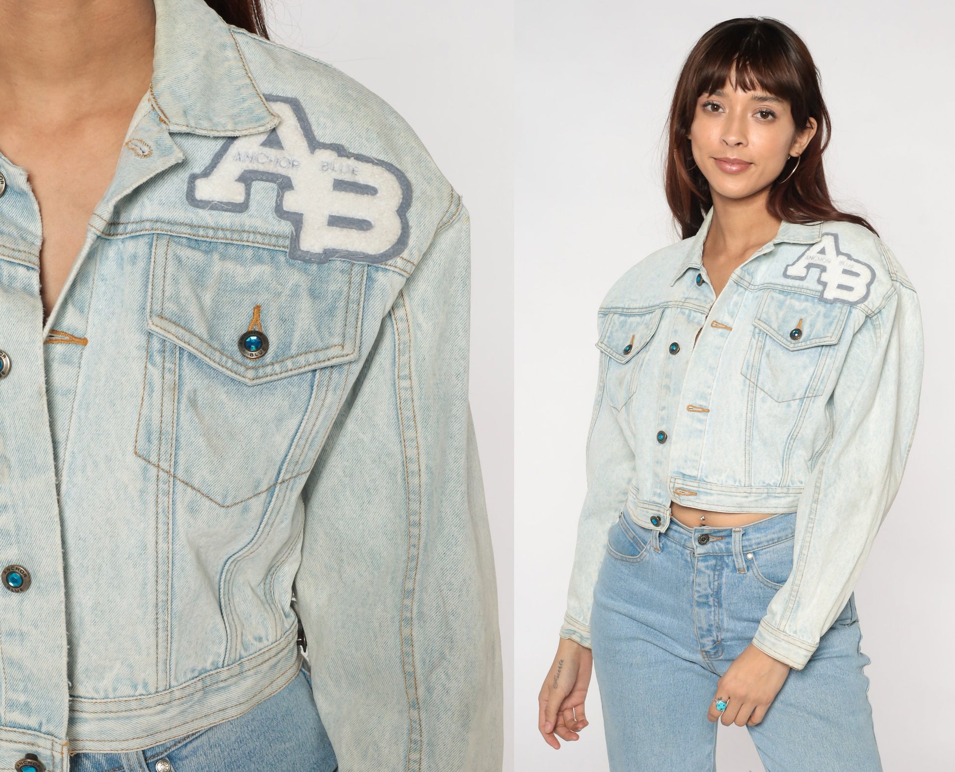 90s Anchor Blue Stone Wash Denim Jacket Cropped Button Up Extra Small