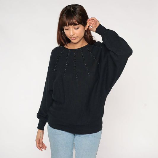 80s Black Beaded Knit Sweater Batwing Dolman Sleeve Pullover Small Medium