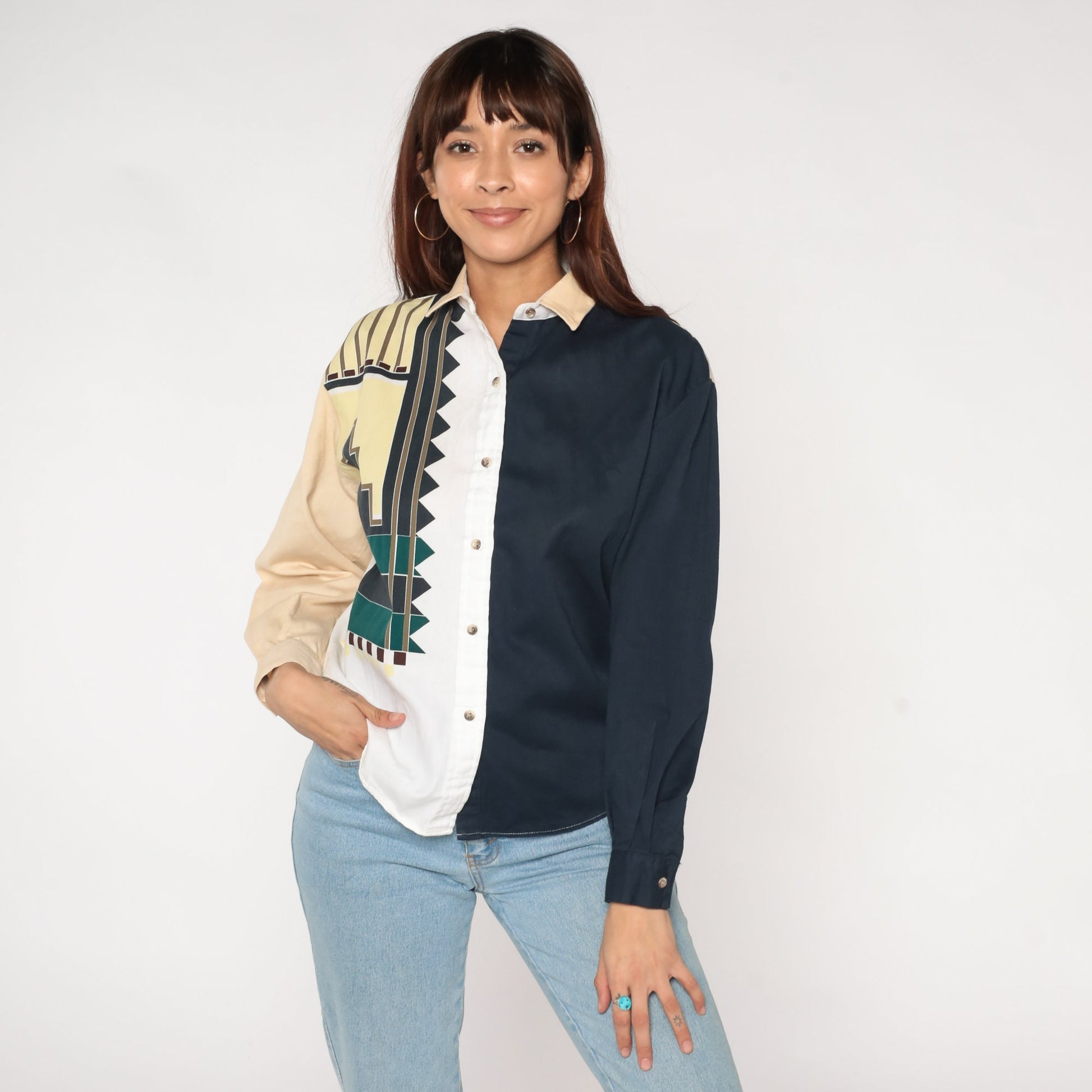 90s Western Blouse Color Block Geometric Print Button Up Medium