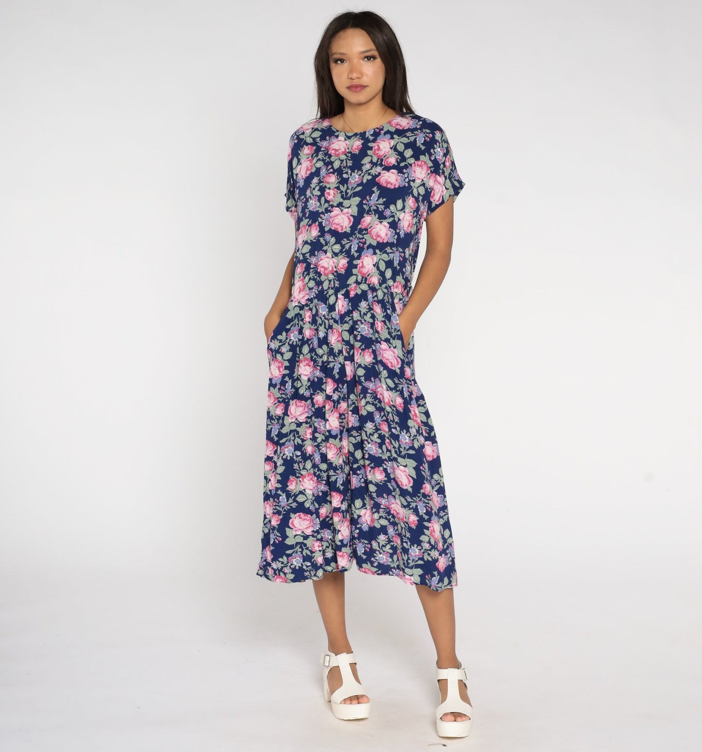 90s Paquette Too Floral Midi Dress Blue Rose Print Low Waist Medium