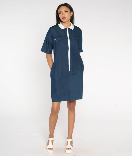 80s Dark Blue Chambray Shift Dress White Collar Front Zip Mini Medium