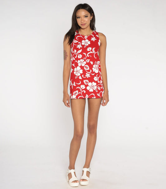 90s RJC Tropical Floral Micro Mini Shift Dress Red White 2XS