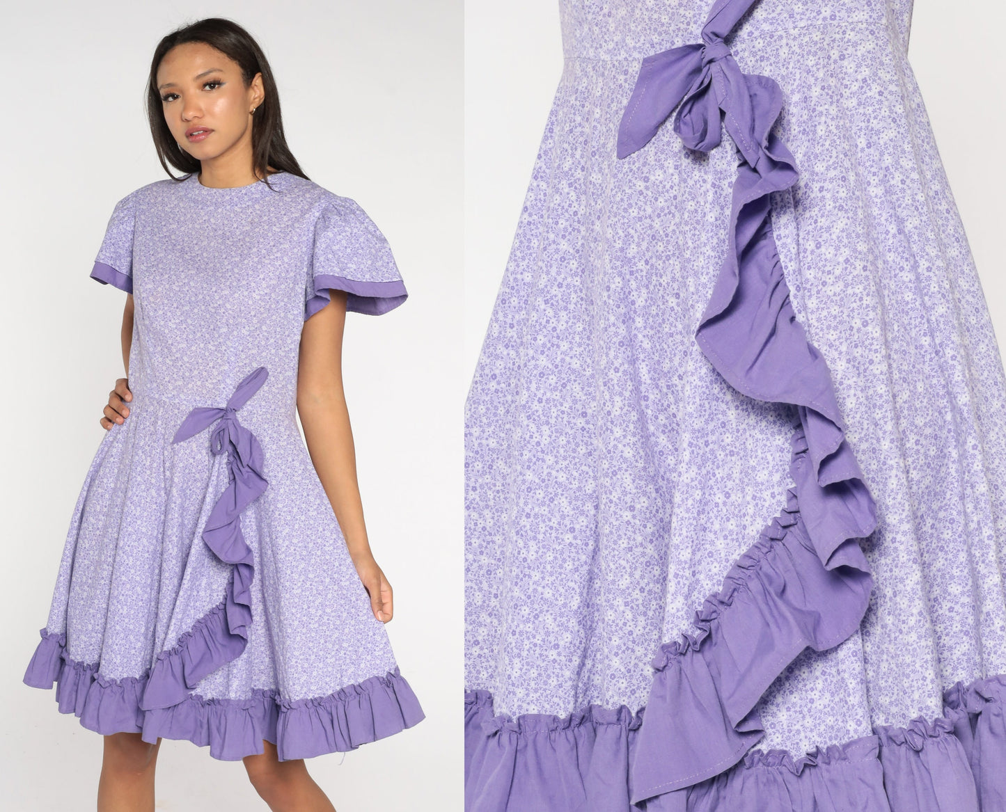 80s Purple Calico Floral High-Waist Midi Dress Puff Sleeve Medium
