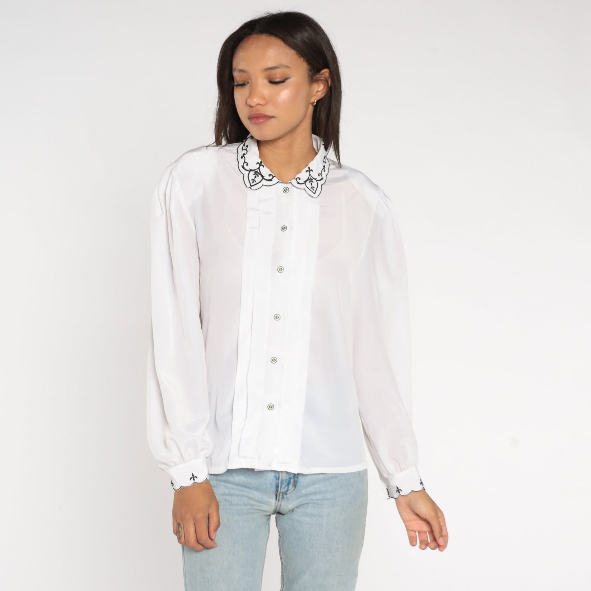 80s White Puff Sleeve Blouse Embroidered Collar Button-Up Shirt Large
