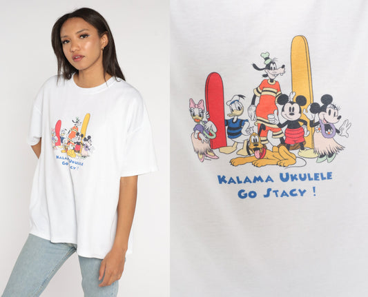 90s Disney Hawaiian Graphic T-Shirt Mickey Minnie Mouse White Extra Large XXL
