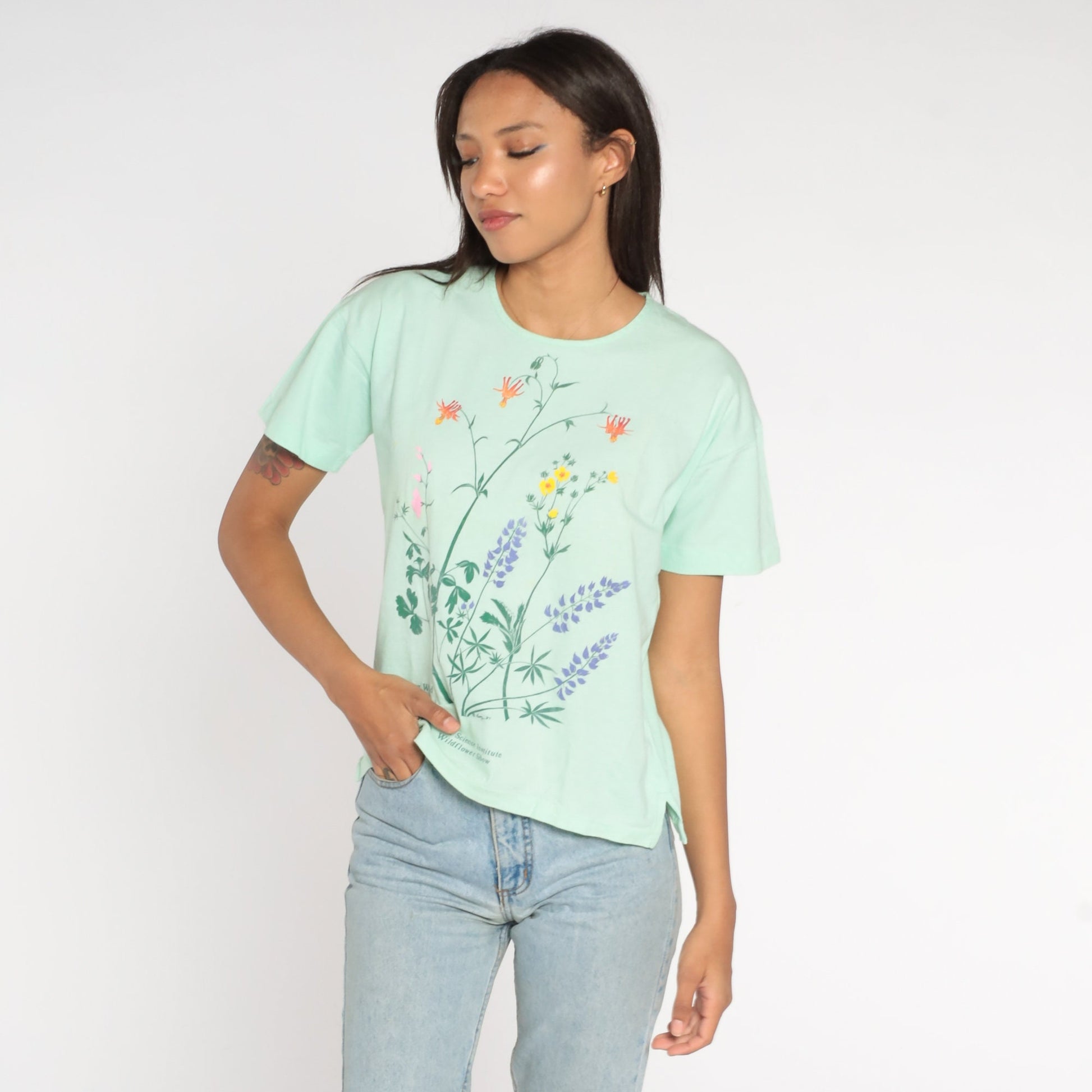 90s Youth Science Institute Wildflower Graphic T-Shirt Green Single Stitch Medium