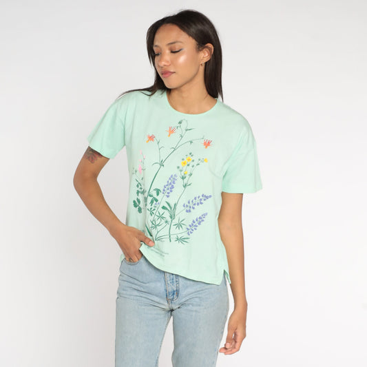 90s Youth Science Institute Wildflower Graphic T-Shirt Green Single Stitch Medium