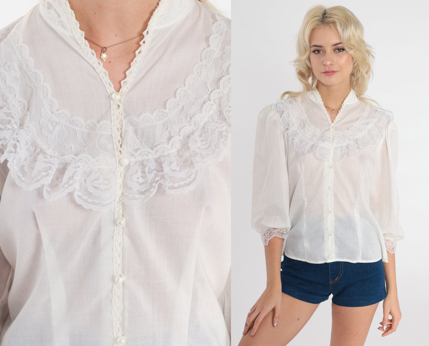 80s White Victorian Blouse Lace Bib Tuxedo Puff Sleeve Button-Up Medium