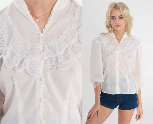 80s White Victorian Blouse Lace Bib Tuxedo Puff Sleeve Button-Up Medium
