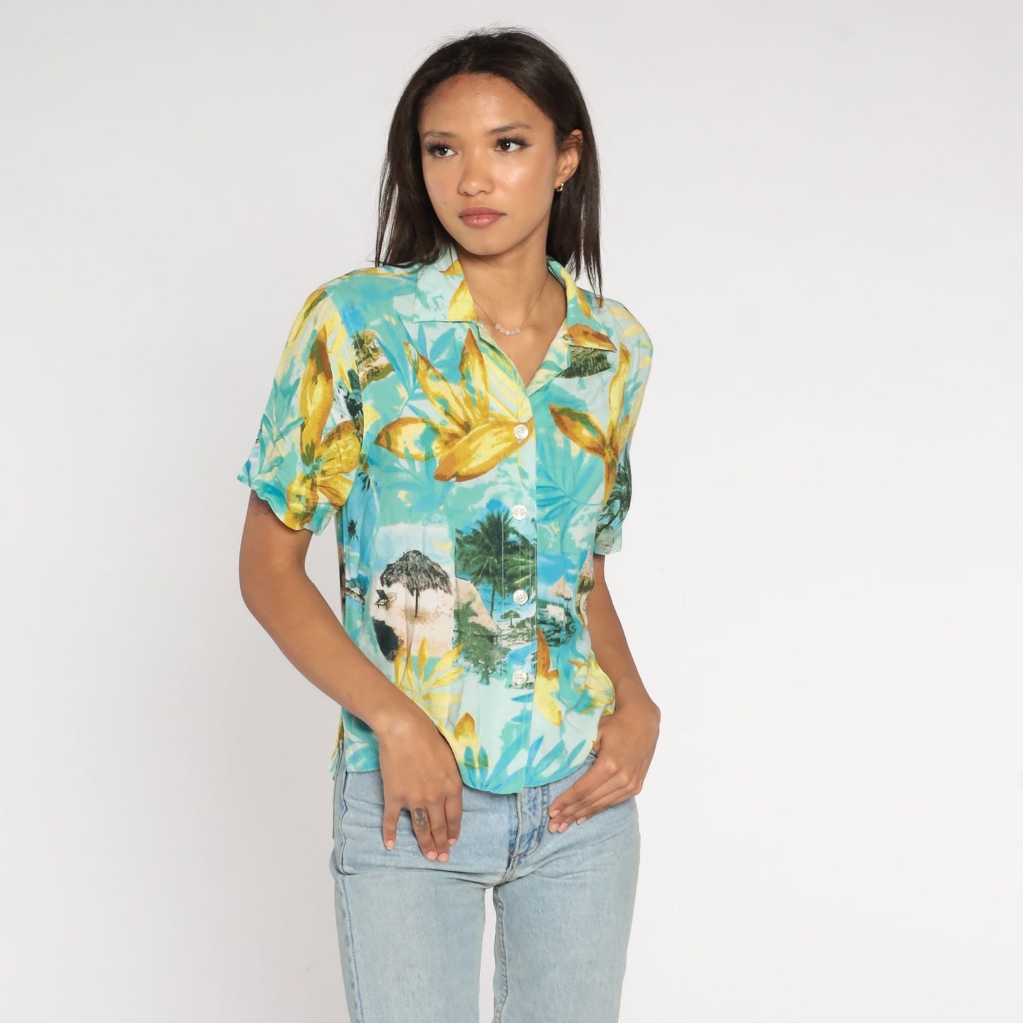 Y2K Hawaiian Floral Button-Up Shirt Blue Tropical Cabana Print Small