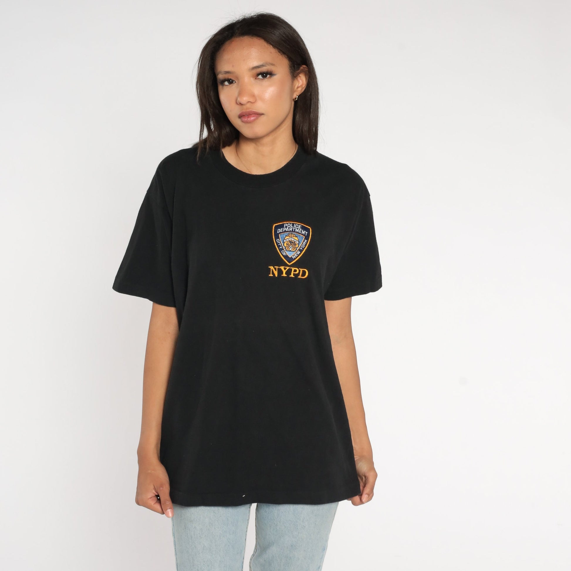 90s NYPD Embroidered T-Shirt New York City Police Graphic Tee Black Cotton Large