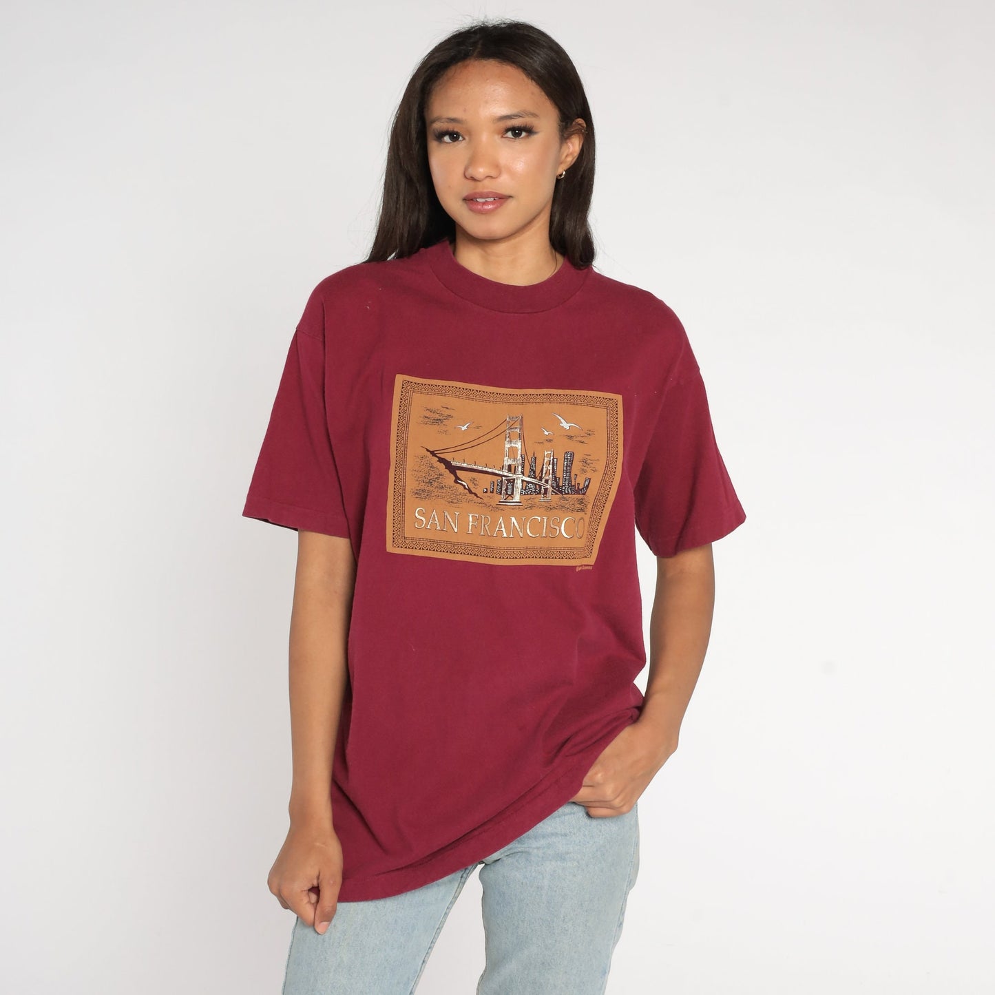 90s San Francisco Golden Gate Bridge Metallic Gold Graphic Tee Burgundy Medium