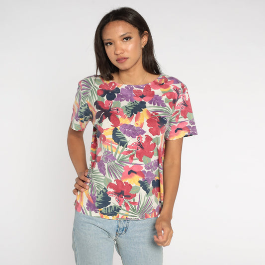 90s Jaclyn Smith Tropical Floral Blouse Off-White Multicolor Print Medium