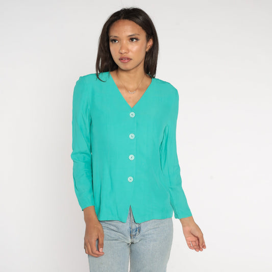 80s Turquoise Button-Up Blouse V-Neck Long Sleeve Shirt Small S