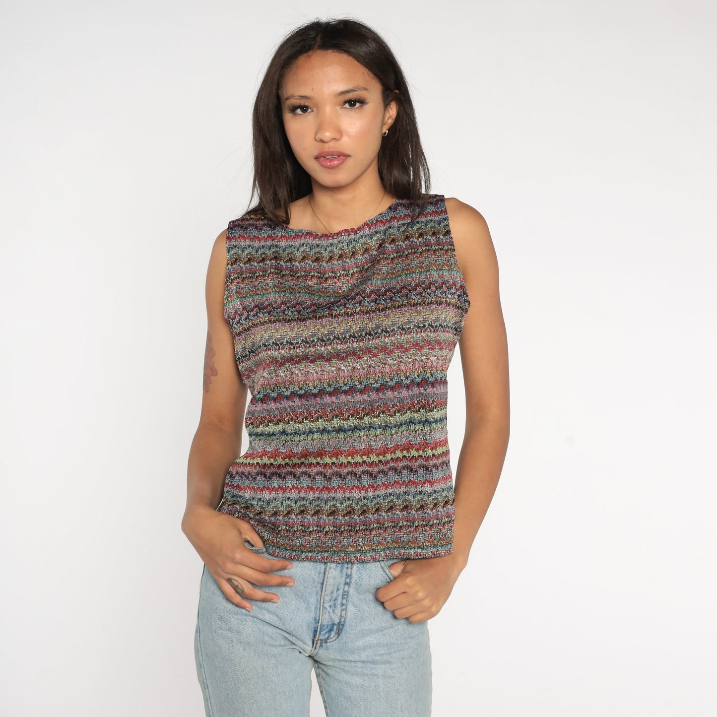 Y2K Striped Rainbow Tank Top Sleeveless Blouse Large