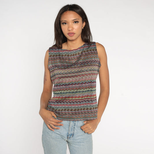 Y2K Striped Rainbow Tank Top Sleeveless Blouse Large