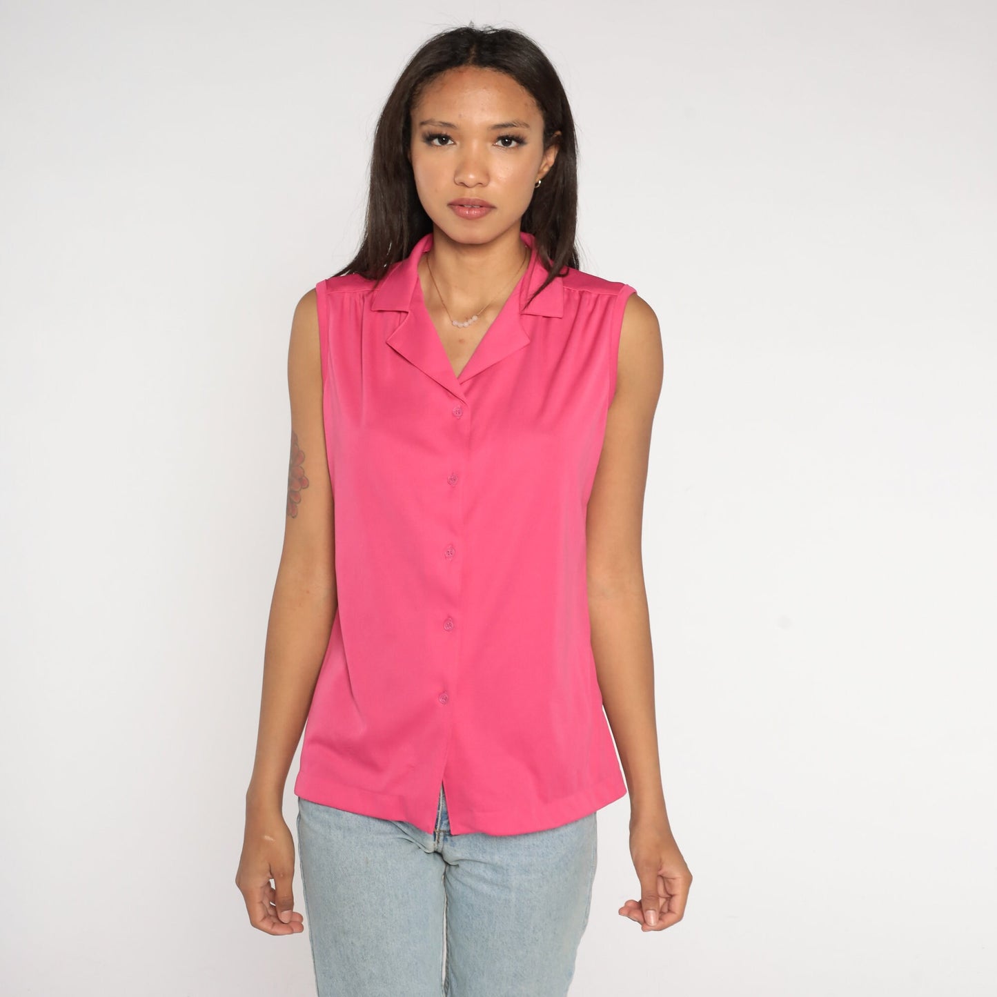70s Bright Pink Collared Tank Top Button-Up Blouse Medium Large