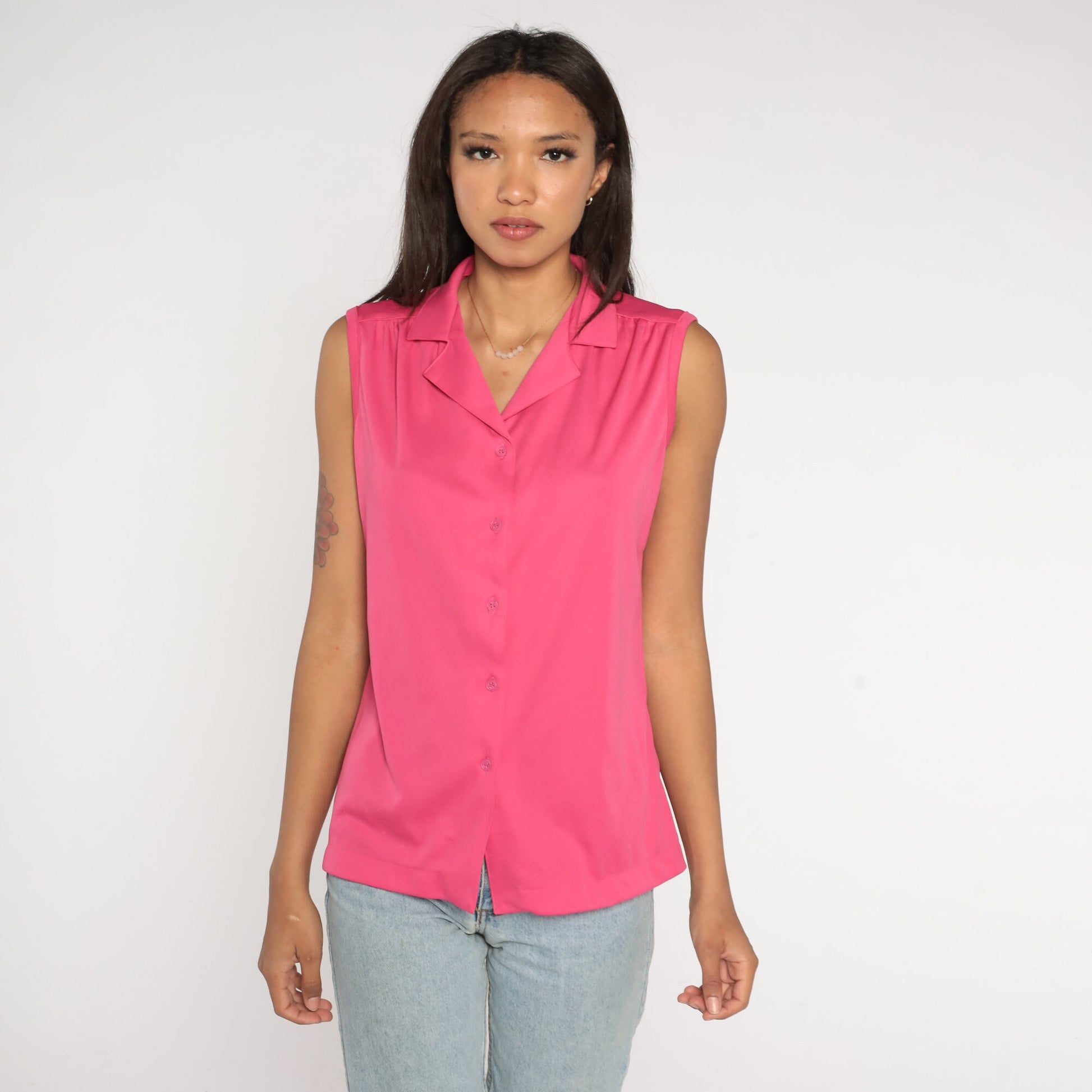 70s Bright Pink Collared Tank Top Button-Up Blouse Medium Large