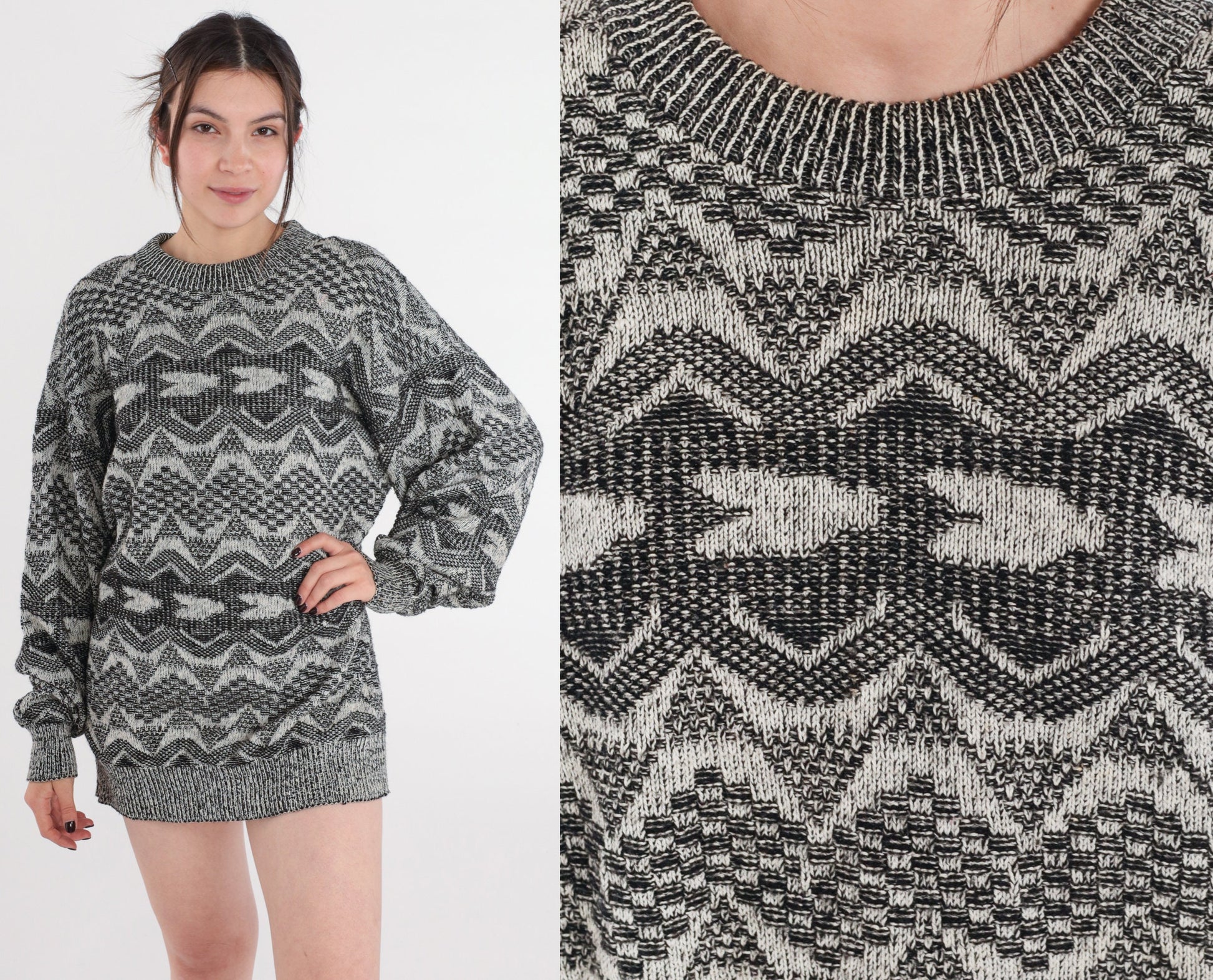 90s Geometric Triangle Wool Blend Sweater Crewneck Pullover Grey Large